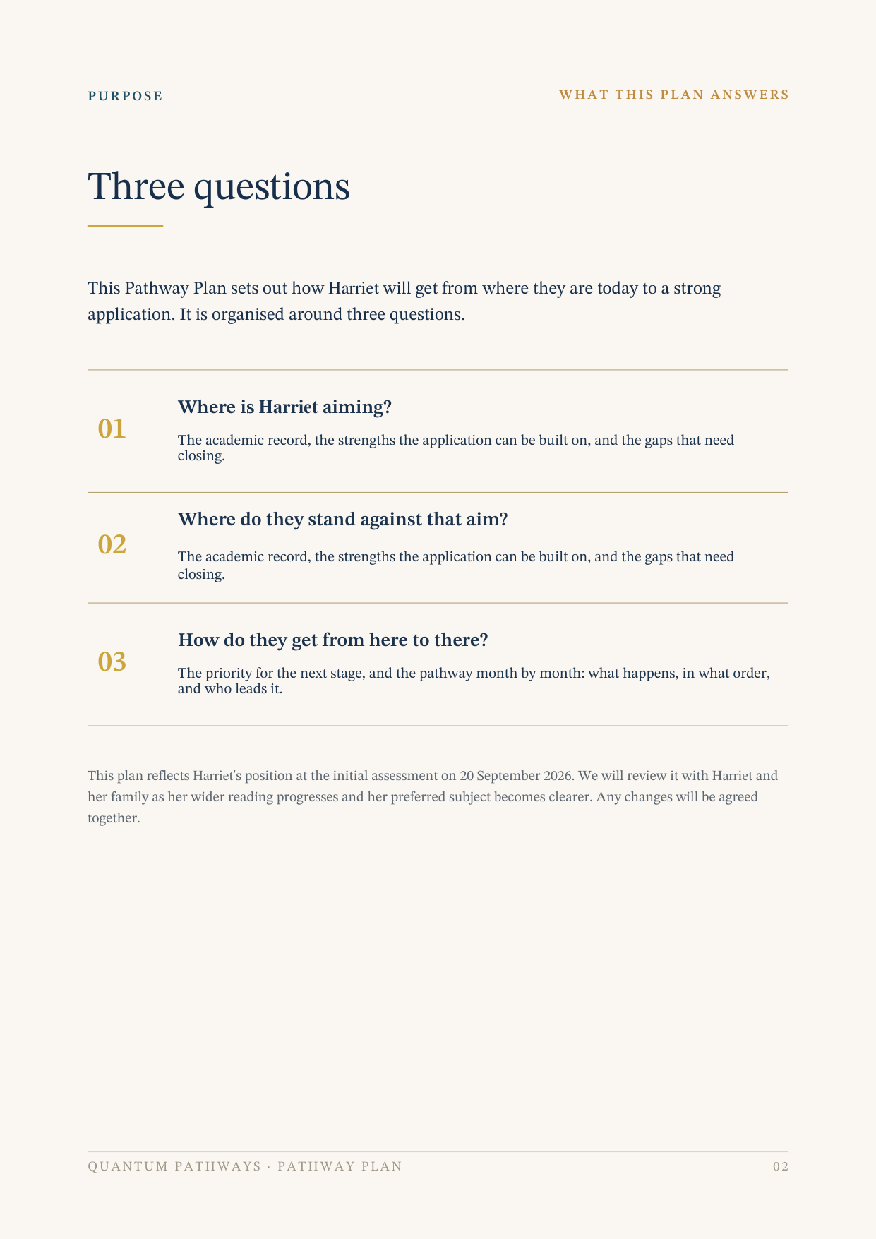 Pathway Plan, example page: Three questions