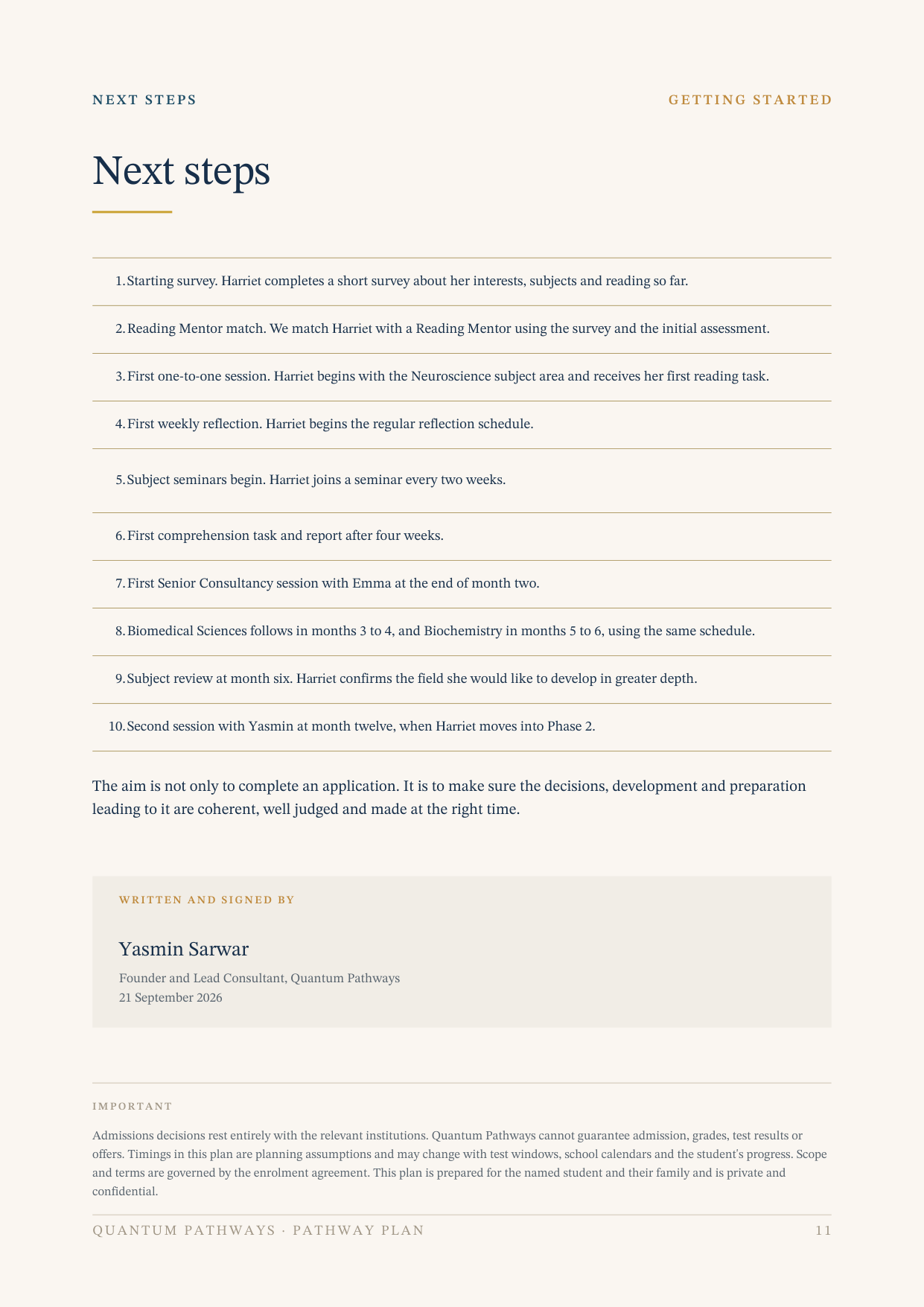 Pathway Plan, example page: Next steps